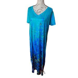NWT Exclusive Maxi Beautiful Blue Floral Side Slits Short Sleeves Size L‎